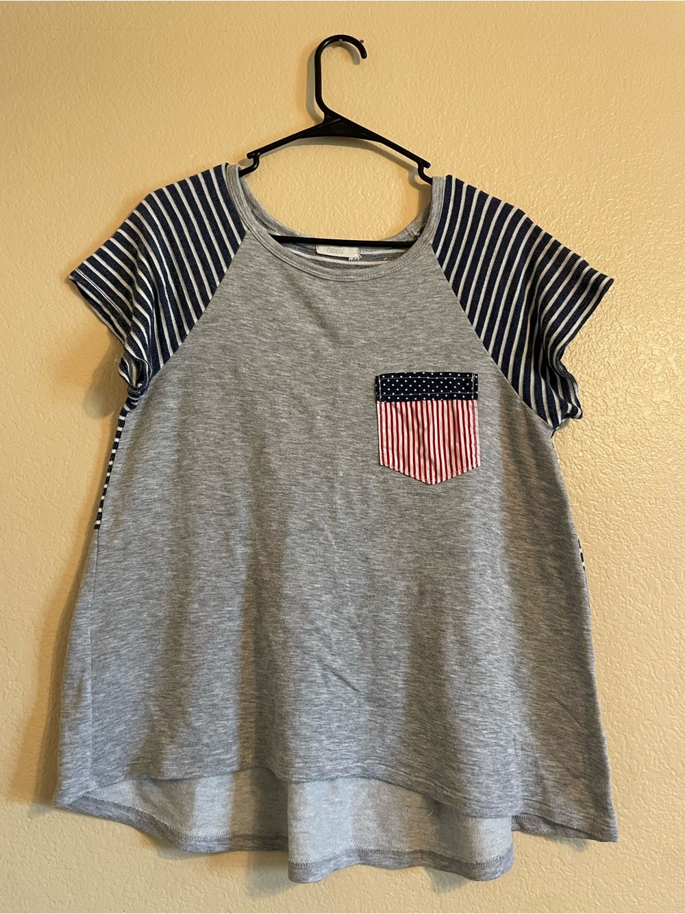 Womens’ Grey Tee with Navy Stripe Sleeves and Flag Pocket